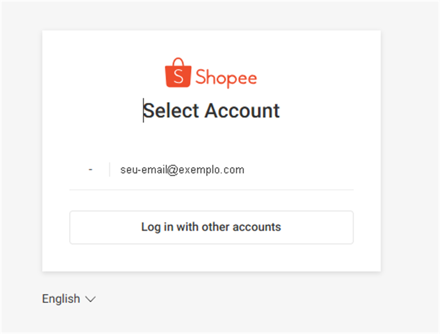 Tela Select Account do Shopee Seller Center Global, com um e-mail listado e o botão Log in with other accounts