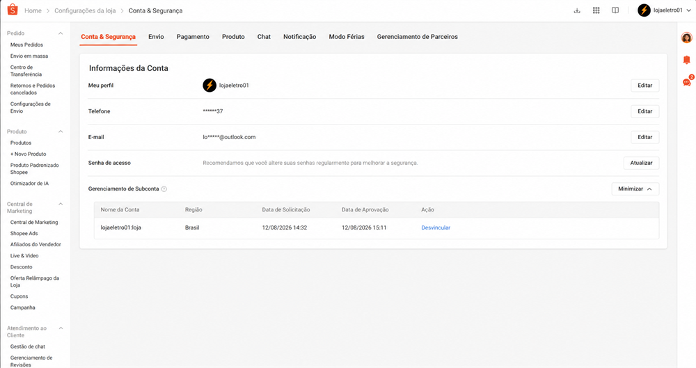 Tela Conta e Segurança do Shopee Seller Center, com a seção Gerenciamento de Subconta mostrando uma loja vinculada, a região Brasil e a ação Desvincular